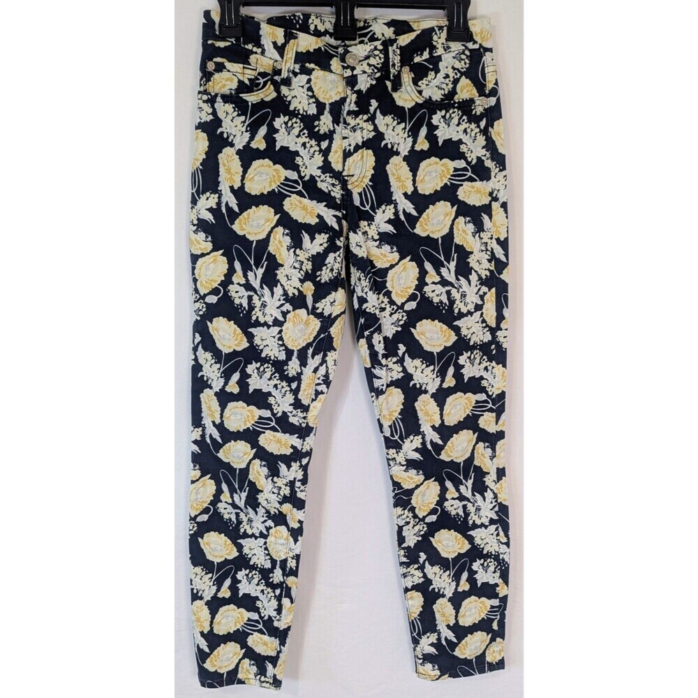 7 For All Mankind Floral Skinny Jeans 28 Navy Yellow Ankle Crop Made in USA